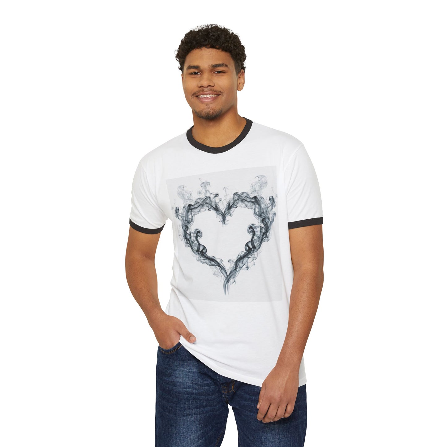 Can't Catch Me Heart Smoke Unisex Ringer T-Shirt, Casual Love Tee, Gift for Him/Her, Valentine's Day Shirt, Cozy Everyday Wear, Smoke Art Design