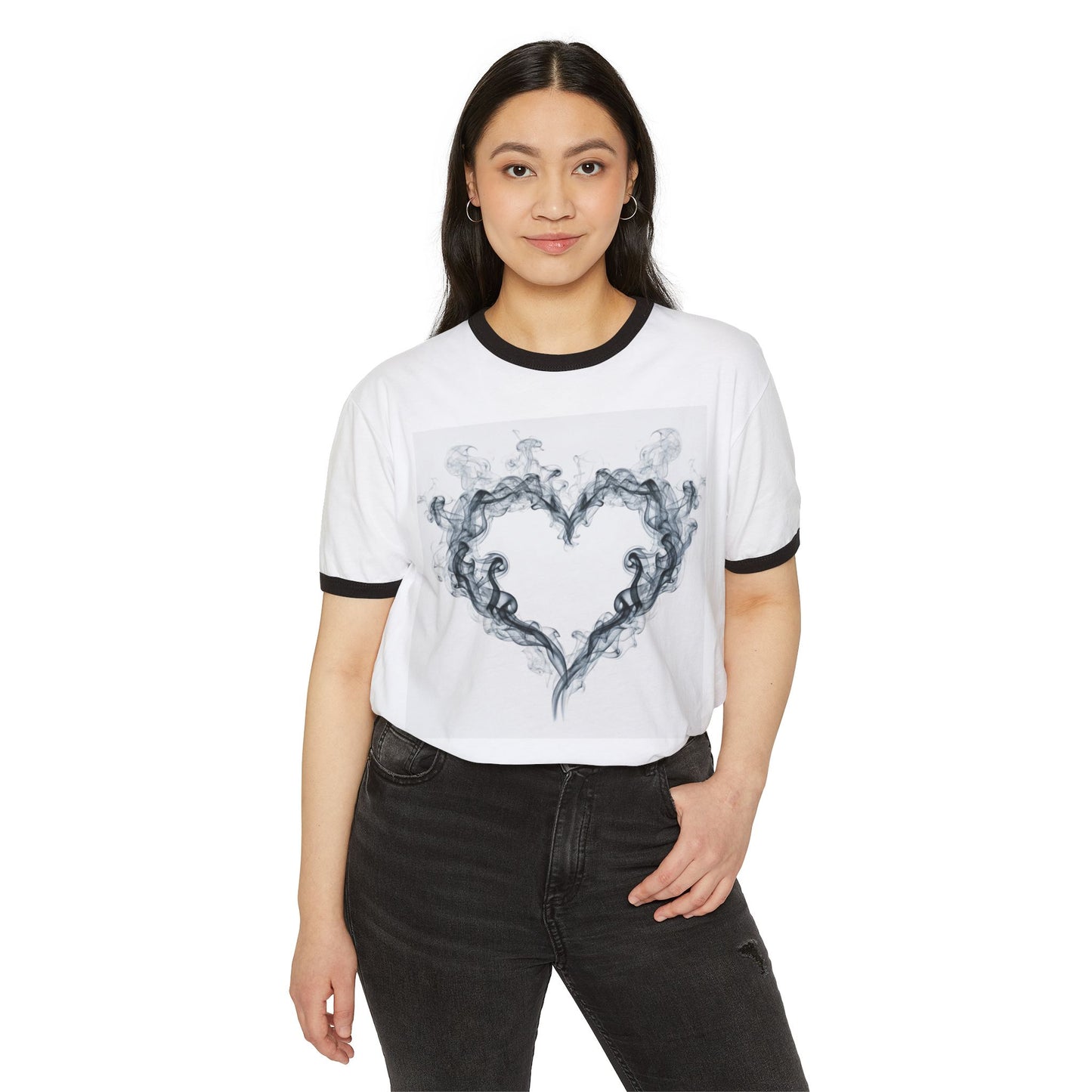 Can't Catch Me Heart Smoke Unisex Ringer T-Shirt, Casual Love Tee, Gift for Him/Her, Valentine's Day Shirt, Cozy Everyday Wear, Smoke Art Design