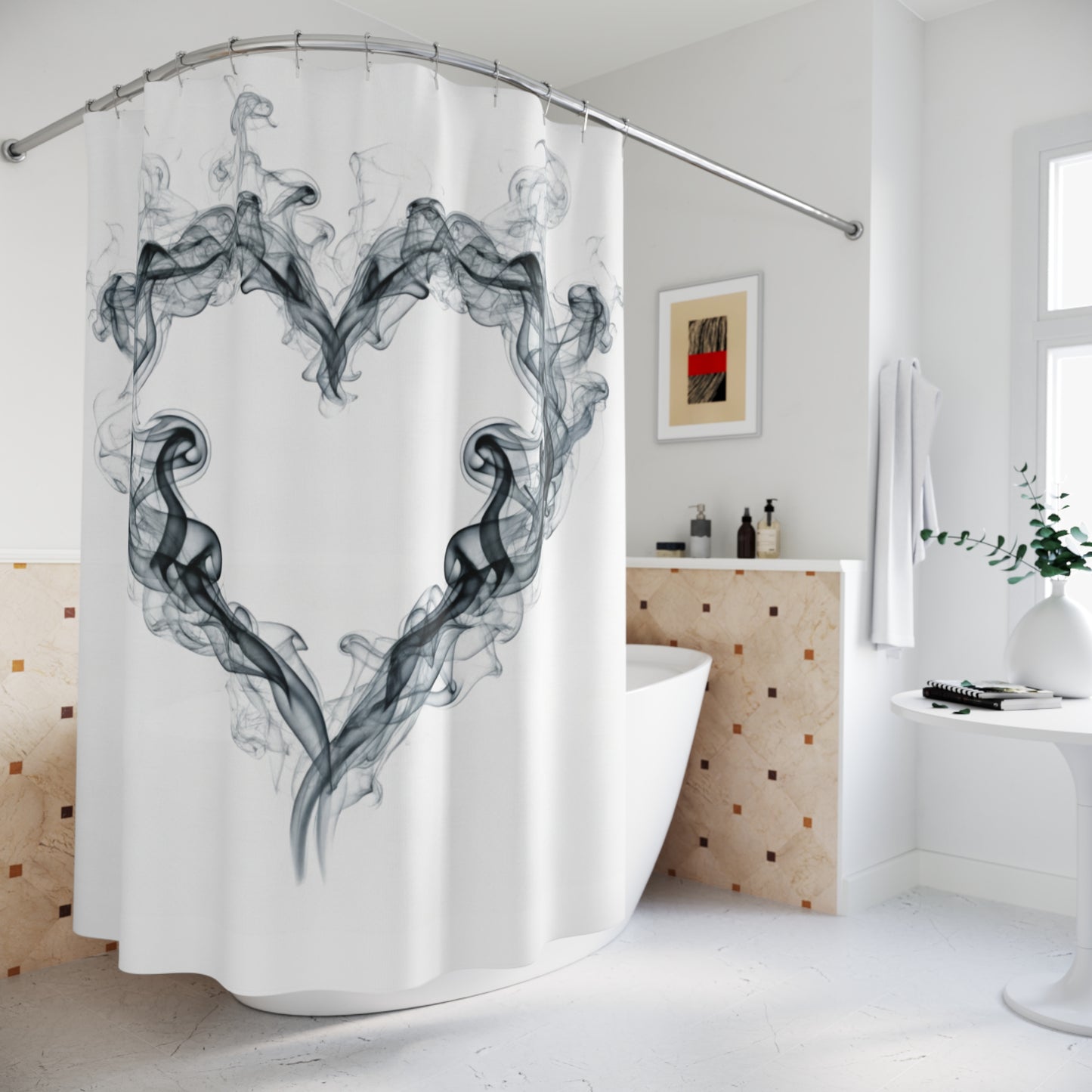 Smoky Heart Shower Curtain — Monochrome Romantic Bathroom Decor