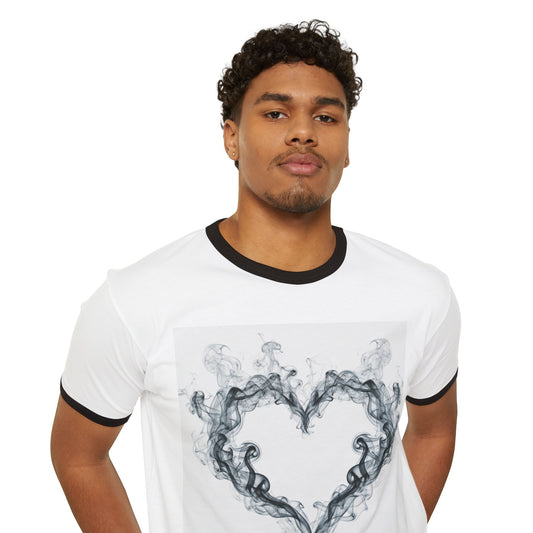 Can't Catch Me Heart Smoke Unisex Ringer T-Shirt, Casual Love Tee, Gift for Him/Her, Valentine's Day Shirt, Cozy Everyday Wear, Smoke Art Design
