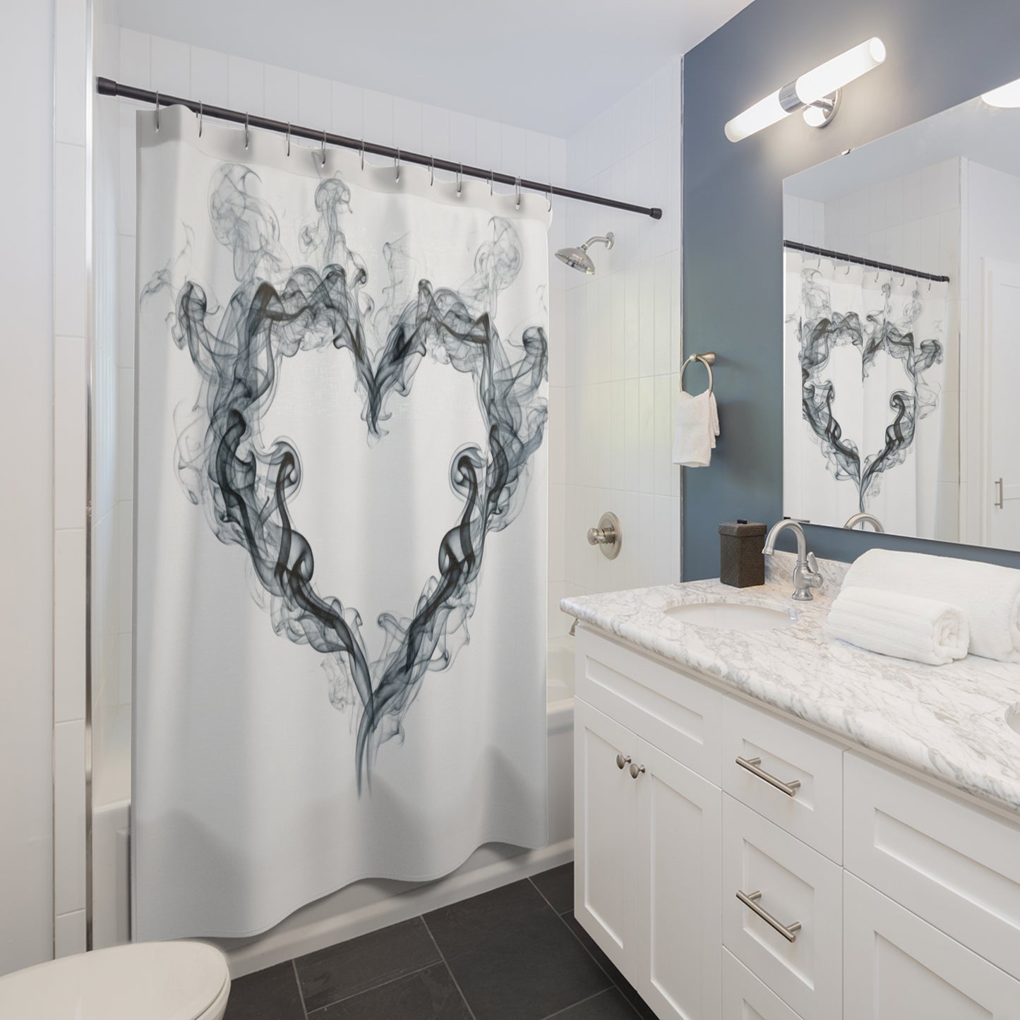 Smoky Heart Shower Curtain — Monochrome Romantic Bathroom Decor